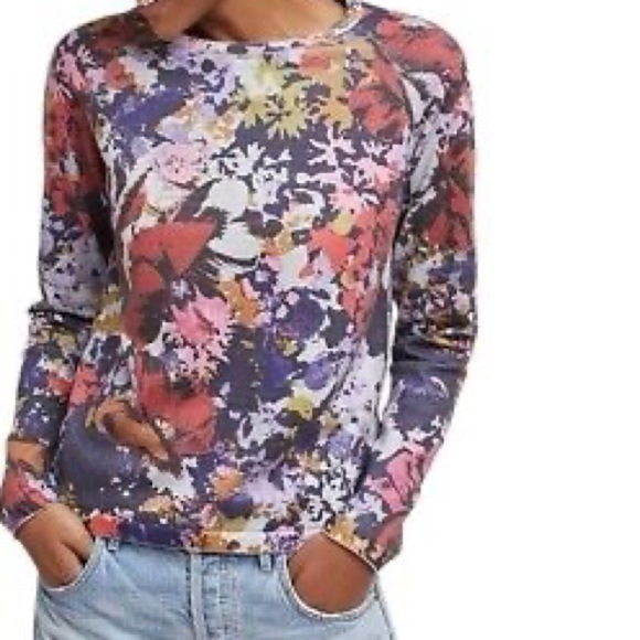 Anthropologie Mauve Dark Faded Kimmie Floral Raglan Womens Knit Sweater Sz Sm - Picture 1 of 8
